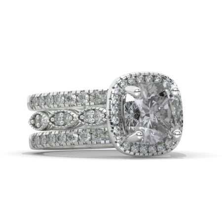 3 Carat Gray Moissanite Cushion Halo Engagement 14K White Gold Three Ring Eternity Ring Set