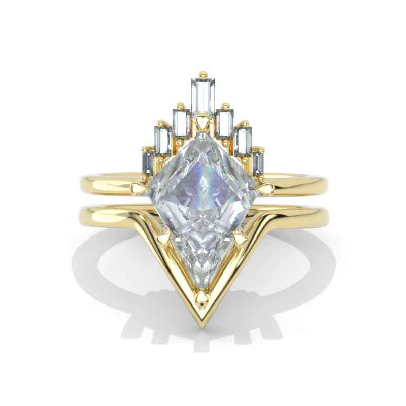 14K Gold Yellow 4 Carat Kite Moissanite Halo Unique Engagement Ring, Plain Eternity Ring Set 14K Gold Yellow 4 Carat Kite Moissanite Halo Unique Engagement Ring, Plain Eternity Ring Set