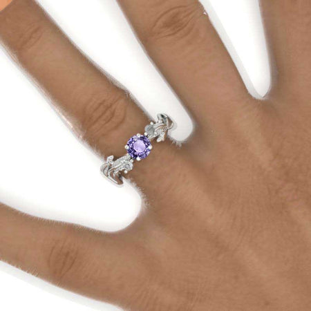 Purple Sapphire White Gold Floral Engagement Leaves Ring