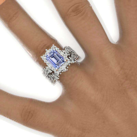 3 Carat Vintage Style 9x7mm Emerald Cut Purple Sapphire White Gold Floral Shank Engagement Ring Set
