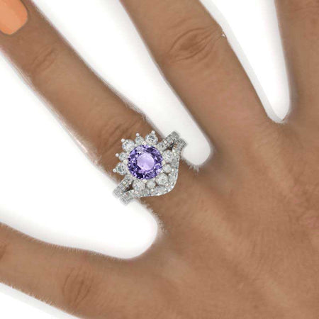 2 Carat Round Purple Sapphire Snowflake Halo Engagement Ring Set. Victorian 14K White Gold Ring Set.
