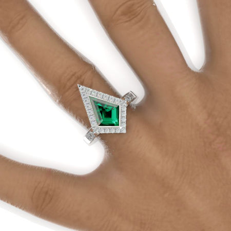 2.5 Carat Kite Emerald Halo Engagement Ring. 2.5CT Fancy Shape Emerald Ring