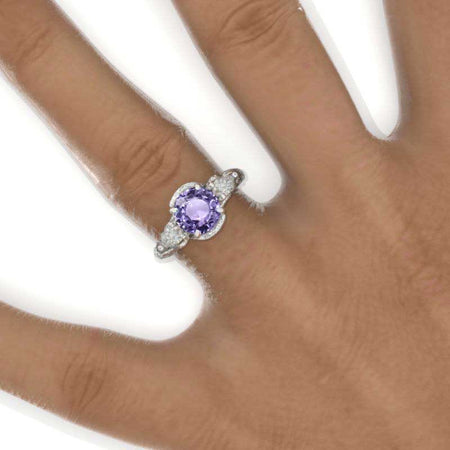 Floral Leaves Purple Sapphire Engagement Ring 14K White Gold