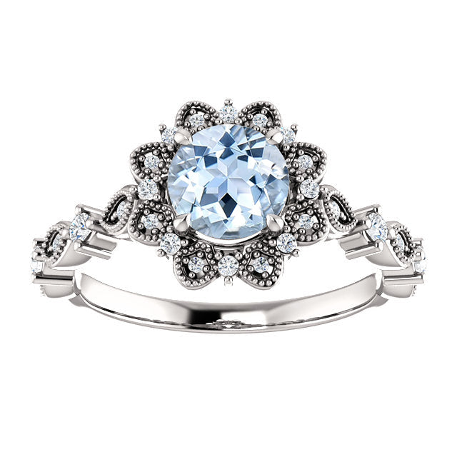 14K White Gold 6 mm One Genuine Natural Aquamarine Center Stone Round Halo Engagement Ring 14K White Gold 6 mm One Genuine Natural Aquamarine Center Stone Round Halo Engagement Ring