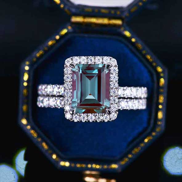3Ct Alexandrite Engagement Ring Halo Emerald Step Cut Alexandrite