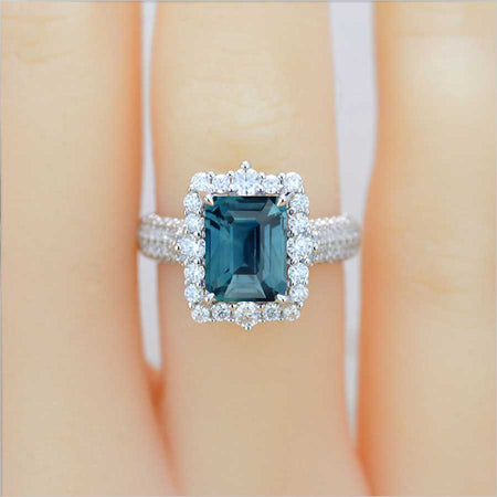 4Ct Teal Sapphire Engagement Ring Halo Emerald Step Cut Teal Sapphire Engagement Ring