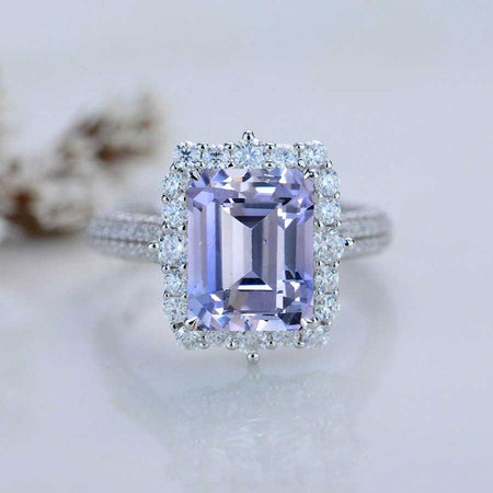 3Ct Purple Sapphire Engagement Ring Halo Emerald Step Cut Purple Sapphire  Engagement Ring