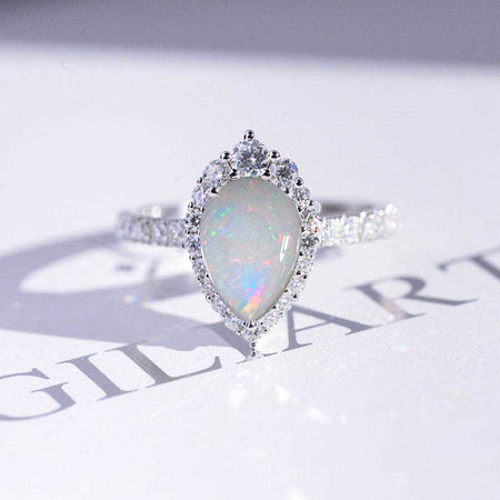 3 Carat Pear Cut Halo Genuine Genuine White Opal 14K White Gold Ring
