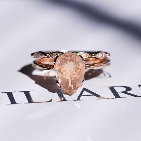 3 Carat Pear Genuine Peach Morganite  Engagement Eternity Rose Gold Ring Set