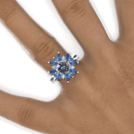 2 Carat Round Gray Moissanite Snowflake Floral Sapphire Halo Engagement Ring