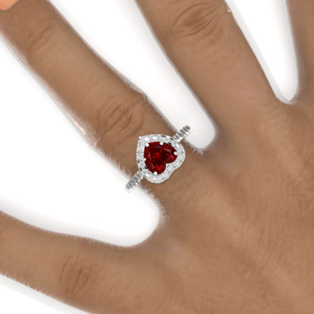 2 Carat Heart Ruby Halo Engagement Ring. Victorian 14K White Gold Ring