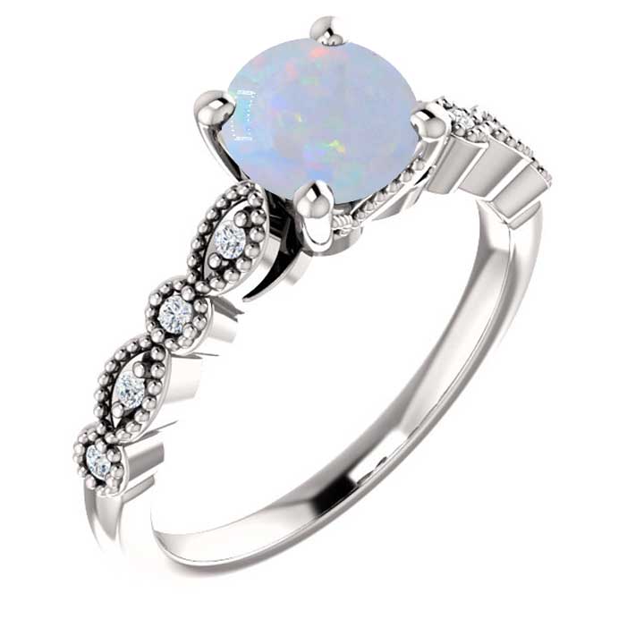14K Gold  6.5 mm Round Forever One White Opal  .07 CTW Diamond Engagement Ring 14K Gold  6.5 mm Round Forever One White Opal  .07 CTW Diamond Engagement Ring