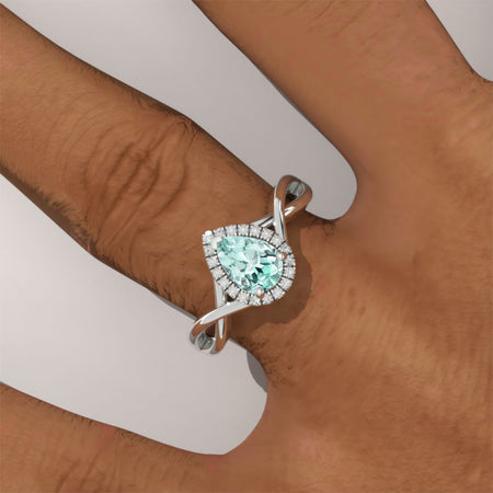 14K White Gold 0.8 Carat Pear Mint Sapphire Halo Engagement Ring