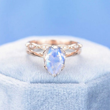 3 Carat Pear Genuine Moonstone, Genuine Moonstone 14K Rose Gold Engagement. Eternity Ring. Set of Two Rings. Leaf Floral Ring Design