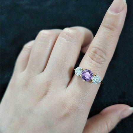 14K Gold Classic Round Three Stone Purple Sapphire Ring, Luxury Engagement Ring. 4 CTW Carat Purple Sapphire Ring, Gift for Her