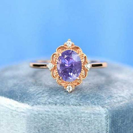 14K Solid Rose Gold Dainty Oval Purple Sapphire Ring, 1.5ct Oval Cut Purple Sapphire Ring, Rose Gold Ring Unique Oval Halo Vintage Ring