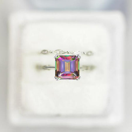 3 Carat Princess Genuine Natural Mystic Topaz Engagement Eternity Gold Ring Set