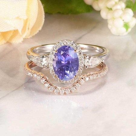 14K Gold 1.5 Carat Oval Purple Sapphire Halo Engagement Ring Eternity Ring Set
