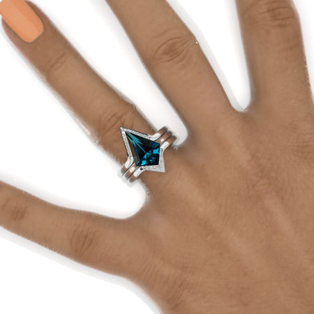 14K White Gold 3 Carat Kite Genuine London Blue Topaz Halo Engagement Ring, Three Rings Set