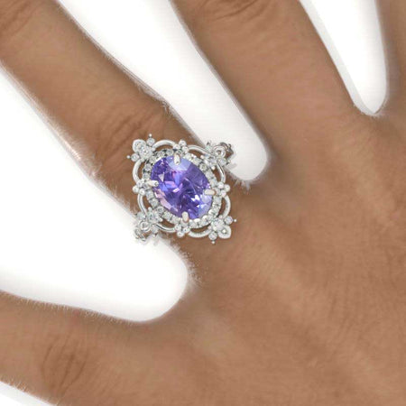 3 Carat Oval Purple Sapphire Halo Engagement Ring 14K White Gold Ring