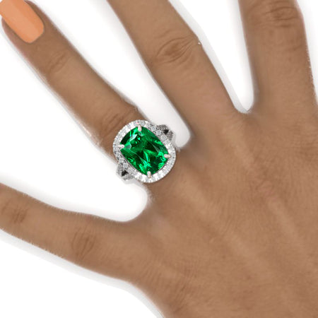 10 Carat Cushion Emerald Halo 14K White Gold  Engagement Ring