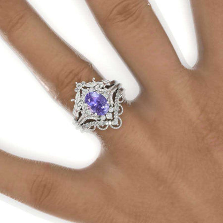 1.5 Carat Oval Purple Sapphire Cluster Floral Halo 14K White Gold Floral Engagement Ring Set