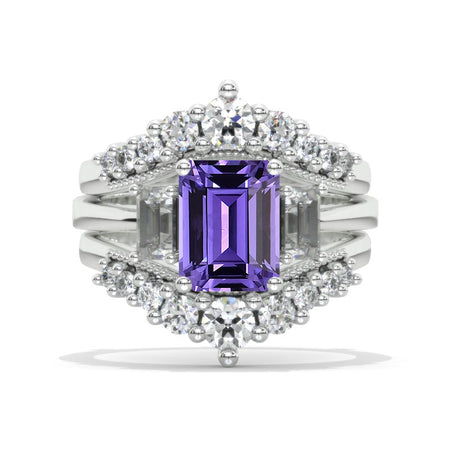 Curved V Double Band Pave Purple Sapphire Double Ring Insert  14K White Gold