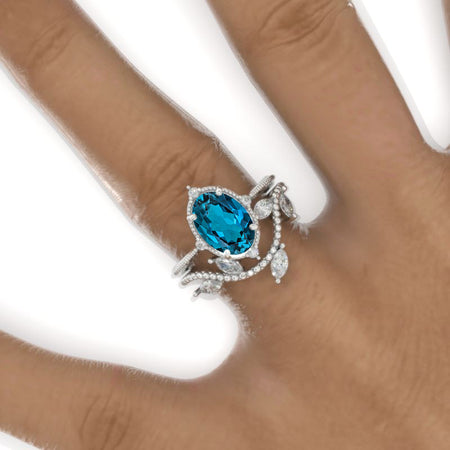 3 Carat Oval Genuine London Blue Topaz 14K White Gold Engagement Ring, Eternity Ring Set