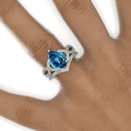 3 Carat Pear Genuine London Blue Topaz Twisted 14K White Gold Engagement Eternity Ring Set