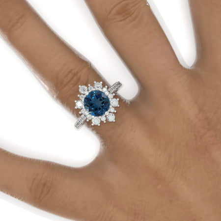 2 Carat Round Snowflake Genuine London Blue Topaz Halo Engagement Ring. Victorian 14K White Gold Ring