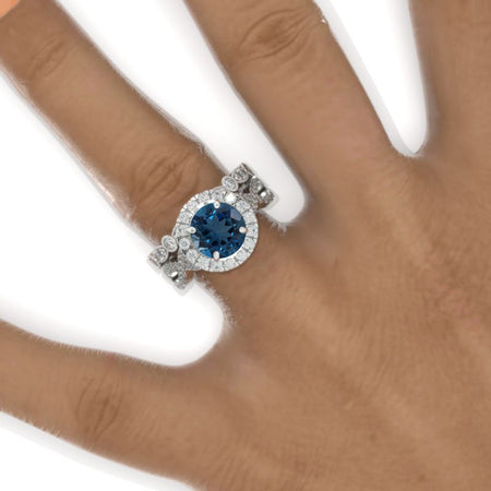2 Carat Round Genuine London Blue Topaz Halo Twisted Shank Engagement Ring, Eternity Ring Set