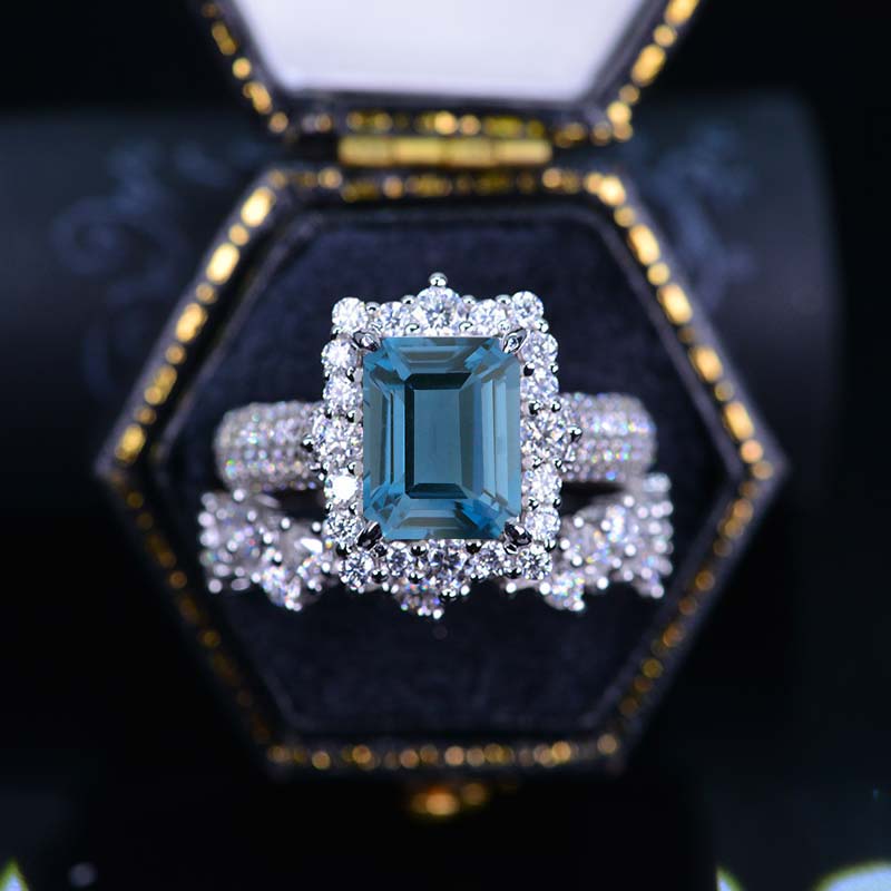3 Carat Halo Emerald Cut London Blue Topaz 14K White Gold Engagement Ring Set. 3 Carat Halo Emerald Cut London Blue Topaz 14K White Gold Engagement Ring Set.
