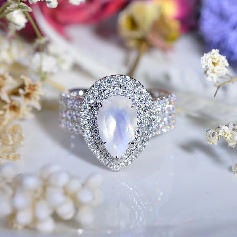 3 Carat Pear Cut Genuine Moonstone Double Halo Engagement Ring 3 Carat Pear Cut Genuine Moonstone Double Halo Engagement Ring