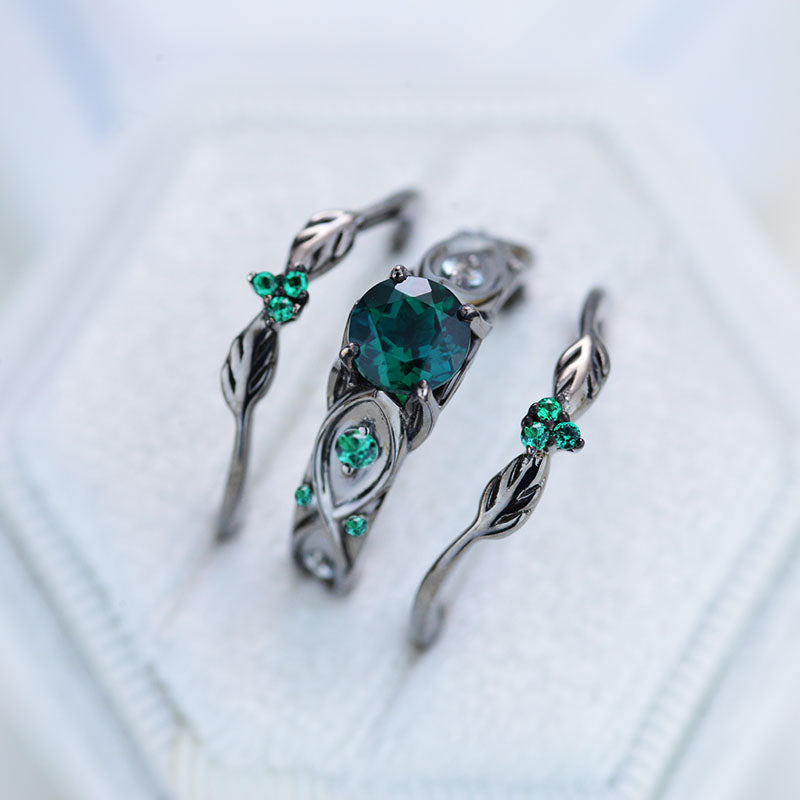 14K Black Gold Rhodium Plated 7mm Round  Emerald Celtic Engagement Ring Set 14K Black Gold Rhodium Plated 7mm Round  Emerald Celtic Engagement Ring Set