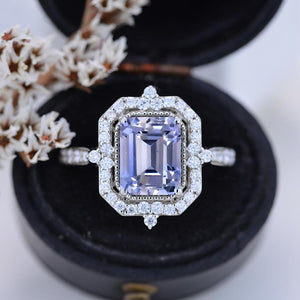 3Ct Emerald cut Halo Lavender Purple Sapphire ring, Lavender Purple Sapphire solitaire ring, Lavender Purple Sapphire ring, Lavender Purple Sapphire emerald cut vintage ring