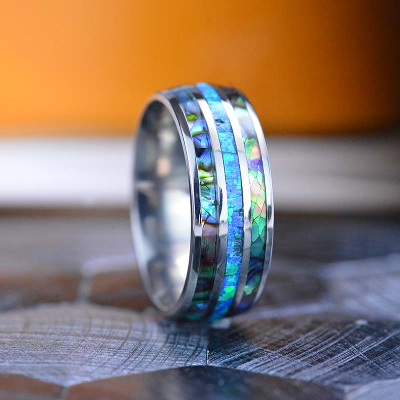 Genuine Australian Blue Fire Opal with Abalone Shell Titanium Ring For Him For Her Genuine Australian Blue Fire Opal with Abalone Shell Titanium Ring For Him For Her