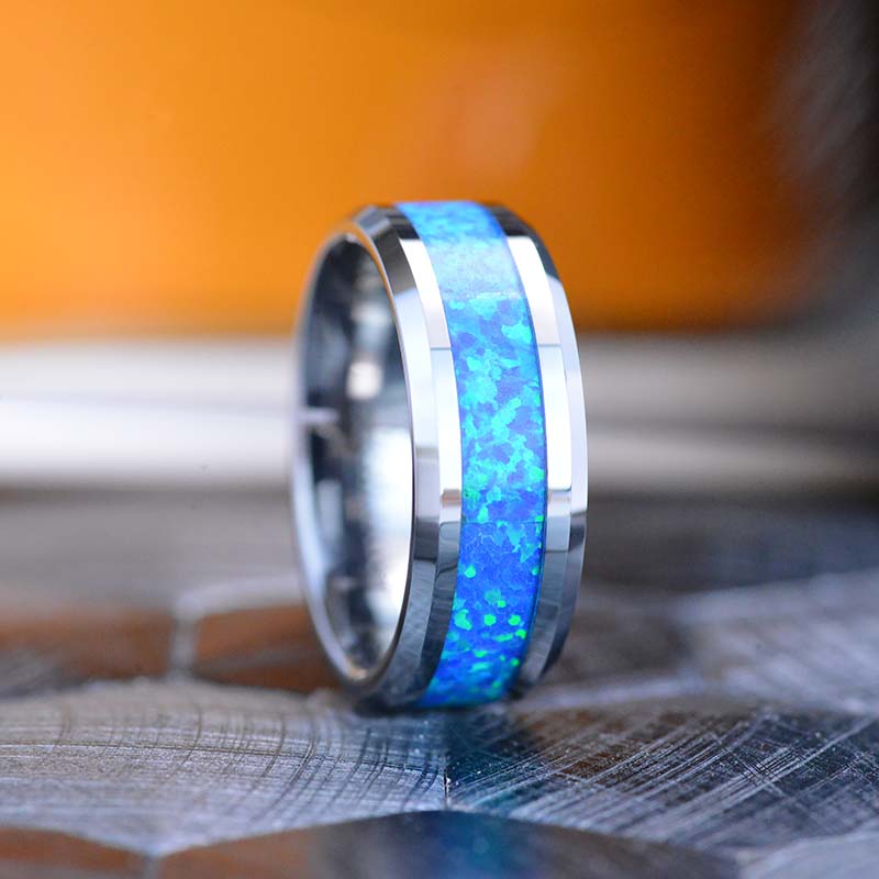Blue Opal Tungsten Carbide  Ring Blue Opal Tungsten Carbide  Ring