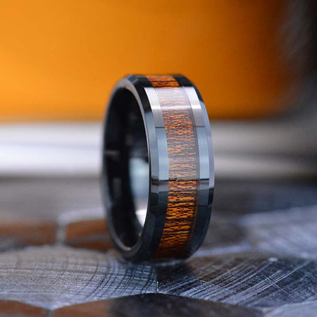 Hawaii Koa Wood Inlay Black Tungsten Wedding Ring