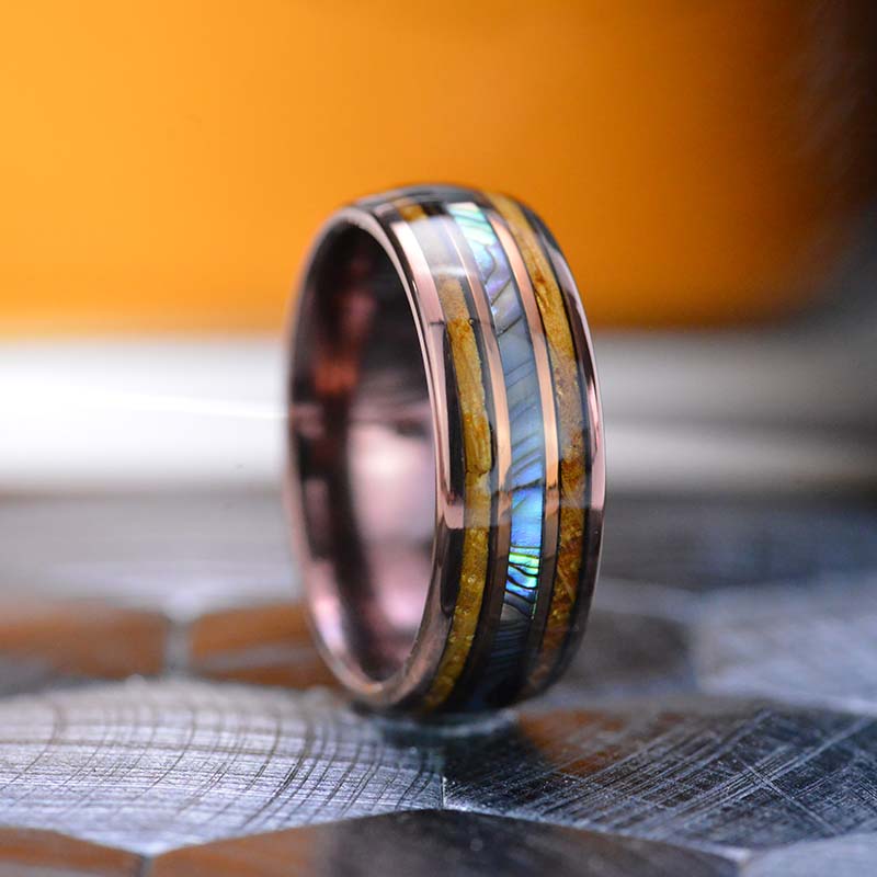 Abalone Shell & Whiskey Barrel Wood Ring, Men's Wedding Copper Color Tungsten Ring - Wooden Ring, Unique Men's Ring. Abalone Shell & Whiskey Barrel Wood Ring, Men's Wedding Copper Color Tungsten Ring - Wooden Ring, Unique Men's Ring.
