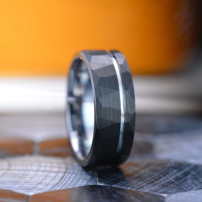 Black Hammered Brushed Tungsten Carbide Ring with Silver Strip Black Hammered Brushed Tungsten Carbide Ring with Silver Strip