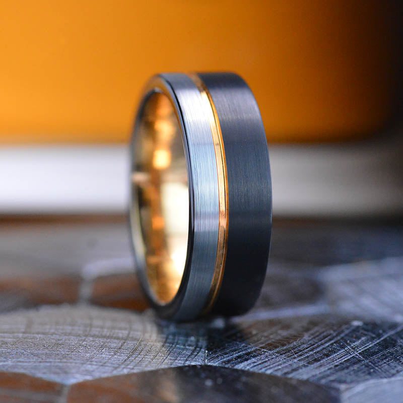 Tungsten Ring Black and Silver Brushed with Rose Gold Accent, Men's Ring, Men's Wedding Band, Dual color Mens band, Birthday Gift Tungsten Ring Black and Silver Brushed with Rose Gold Accent, Men's Ring, Men's Wedding Band, Dual color Mens band, Birthday Gift
