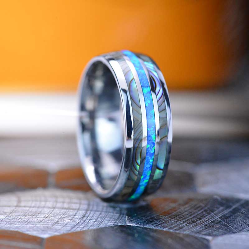 Genuine Australian Blue Fire Opal with Abalone Shell Tungsten Ring For Him For Her Genuine Australian Blue Fire Opal with Abalone Shell Tungsten Ring For Him For Her
