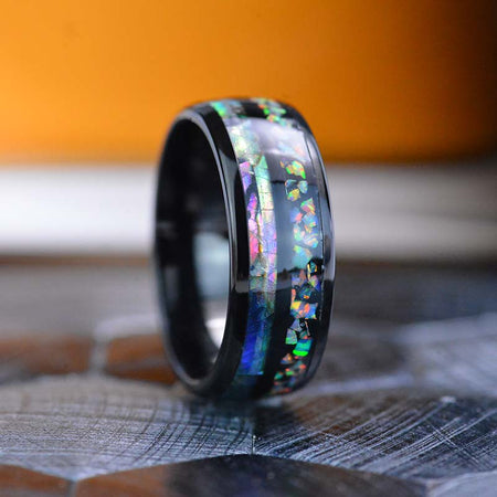 Abalone Shell and Fire Opal Engagement Men's Tungsten Carbide Ring