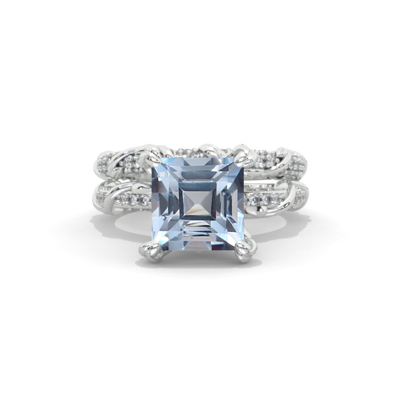 2 Carat Princess Cut Genuine Aquamarine White Gold Floral Engagement Ring Set 2 Carat Princess Cut Genuine Aquamarine White Gold Floral Engagement Ring Set
