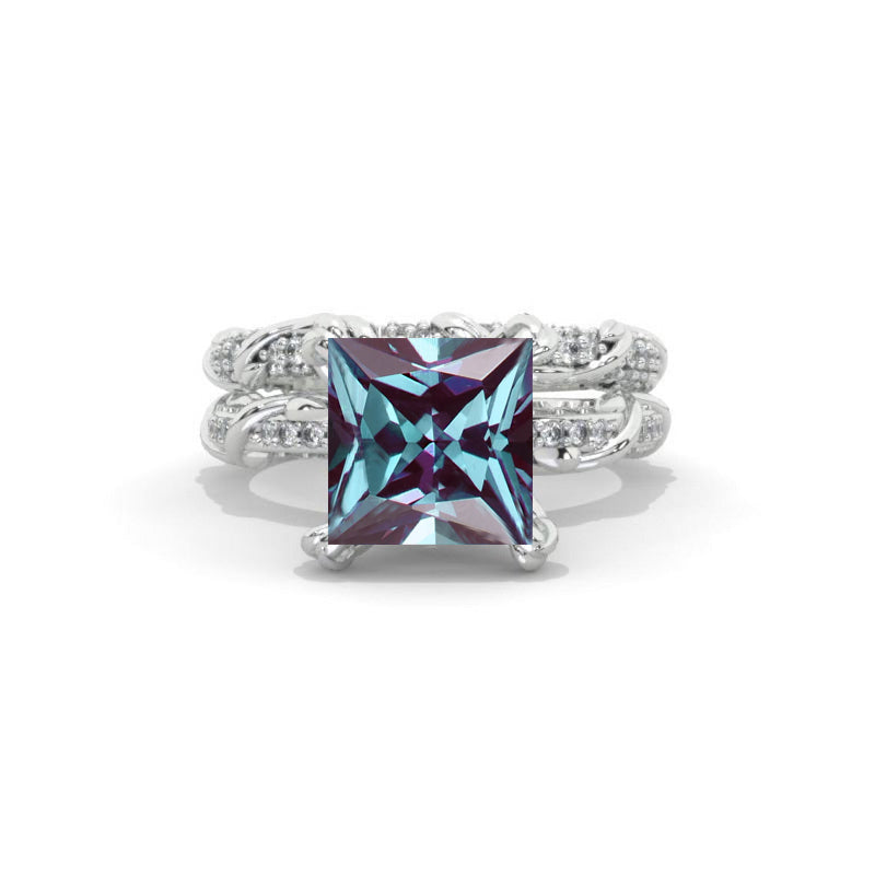2 Carat Princess Cut Ethically LAB-Grown Alexandrite White Gold Floral Engagement Ring Set 2 Carat Princess Cut Ethically LAB-Grown Alexandrite White Gold Floral Engagement Ring Set