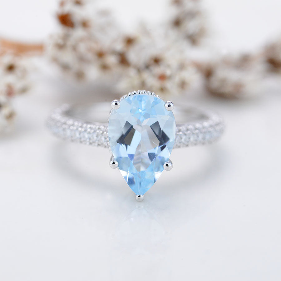 4 Carat Pear Cut Aquamarine Hidden Halo Gold Engagement Ring 4 Carat Pear Cut Aquamarine Hidden Halo Gold Engagement Ring