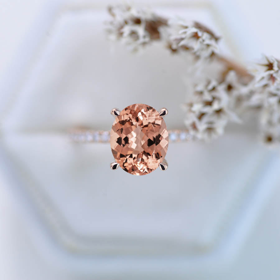 2 Carat Morganite Oval Cut Hidden Halo Rose Gold Engagement  Ring 2 Carat Morganite Oval Cut Hidden Halo Rose Gold Engagement  Ring