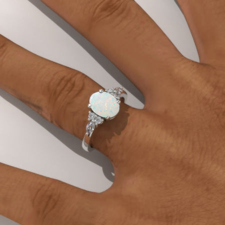 Oval Genuine Natural White Opal 14K White Gold Engagement Promissory Ring