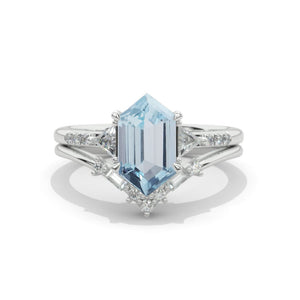 14K White Gold 3 Carat Hexagon Genuine Aquamarine Halo Engagement Ring, Eternity Ring Set