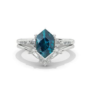 14K White Gold 3 Carat Hexagon Teal Sapphire Halo Engagement Ring, Eternity Ring Set